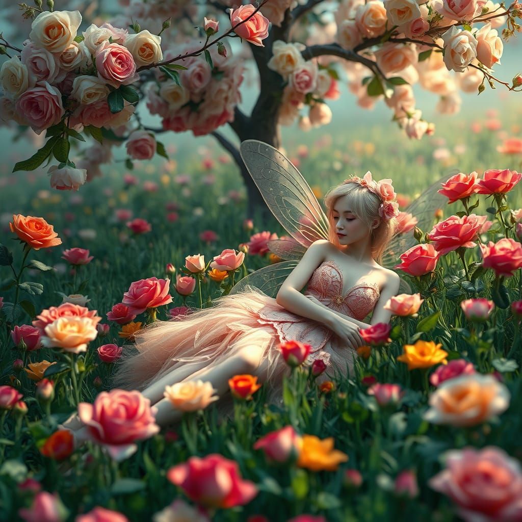 Hyperrealistic Fairy in Vibrant Rose Field under Blooming Tr...