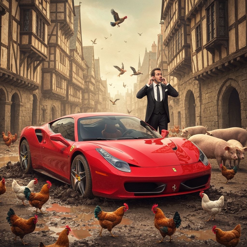 Luxury Car Stuck in Mud Amidst Medieval Chaos