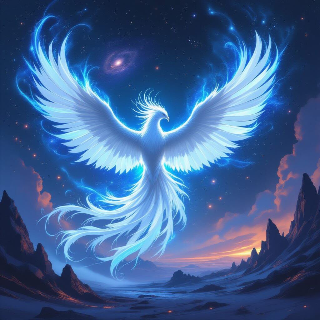 Majestic White Phoenix Ascends Through Cosmic Dust