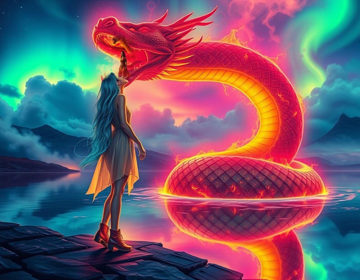 Goth Girl Confronts Fire Serpent in Ceccoli Style