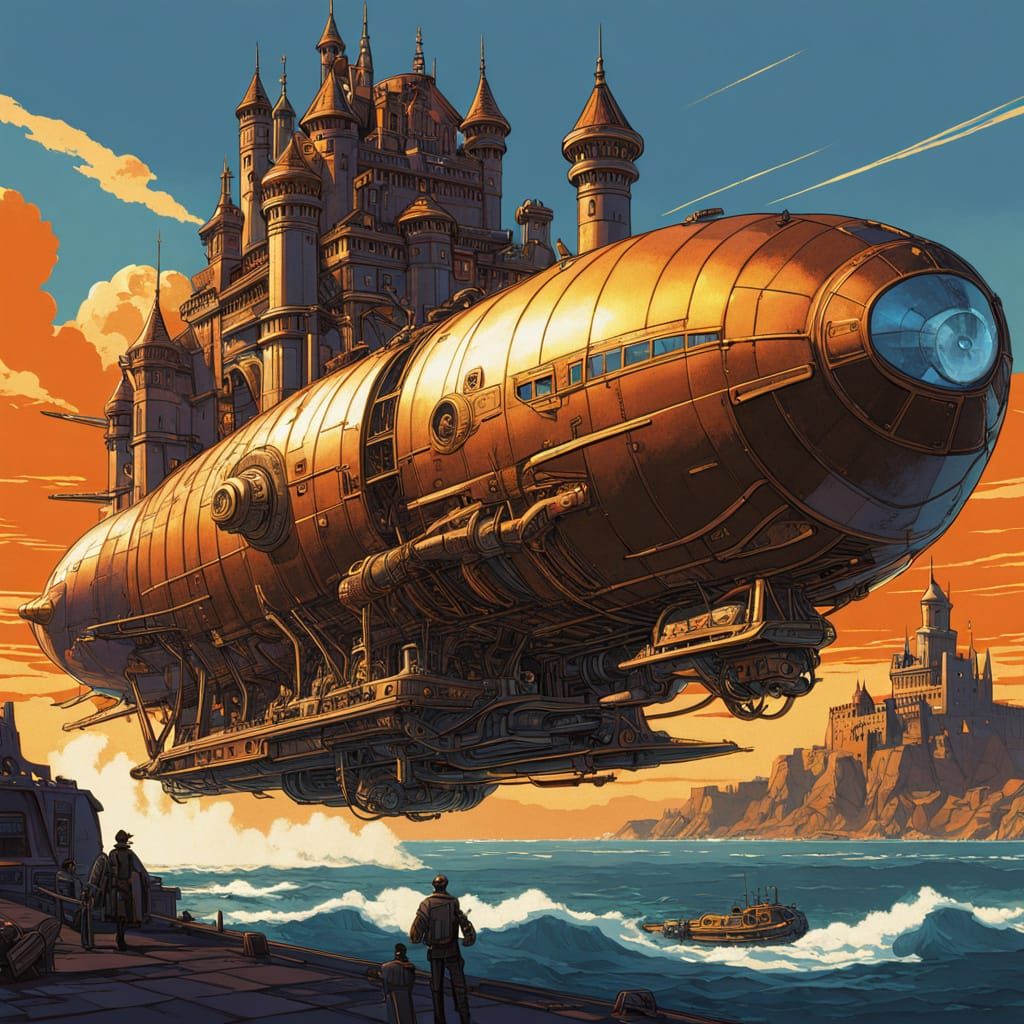 Retro-Futuristic Zeppelin Battles Alien Castle in Dramatic S...