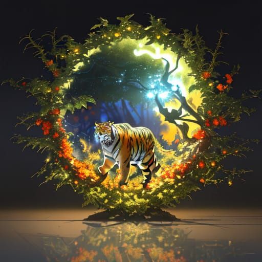 Majestic Tiger Adorns Jungle with Vibrant Christmas Wreath