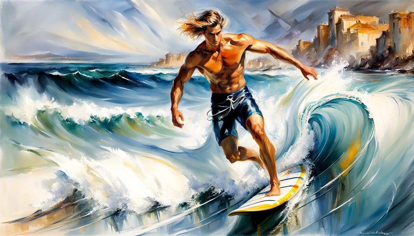 Surfer on High Wave in Contemporary Style