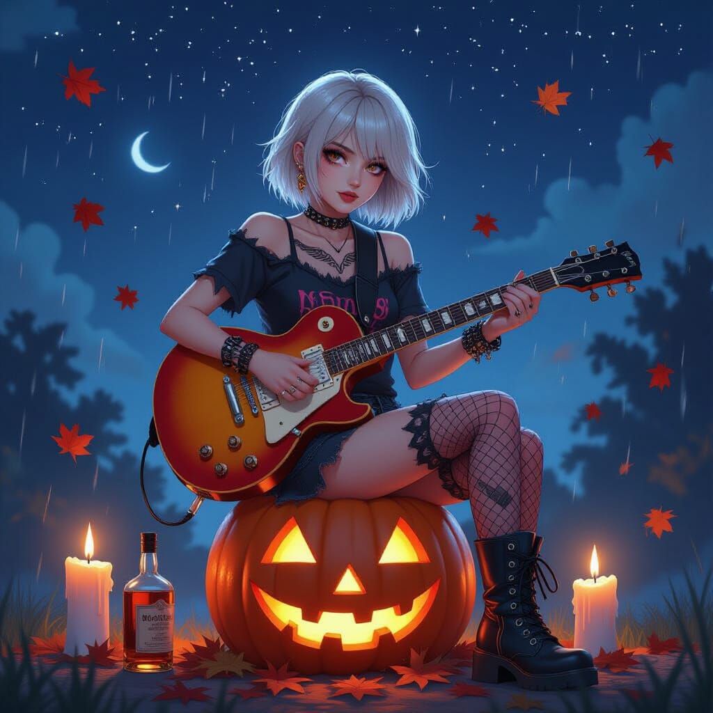 Emo Woman with Wing Tattoo and Guitar on Pumpkin