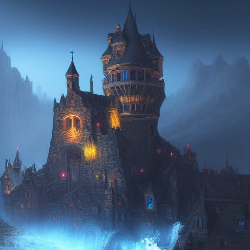 Fantastical Cobblestone Castle with Lights