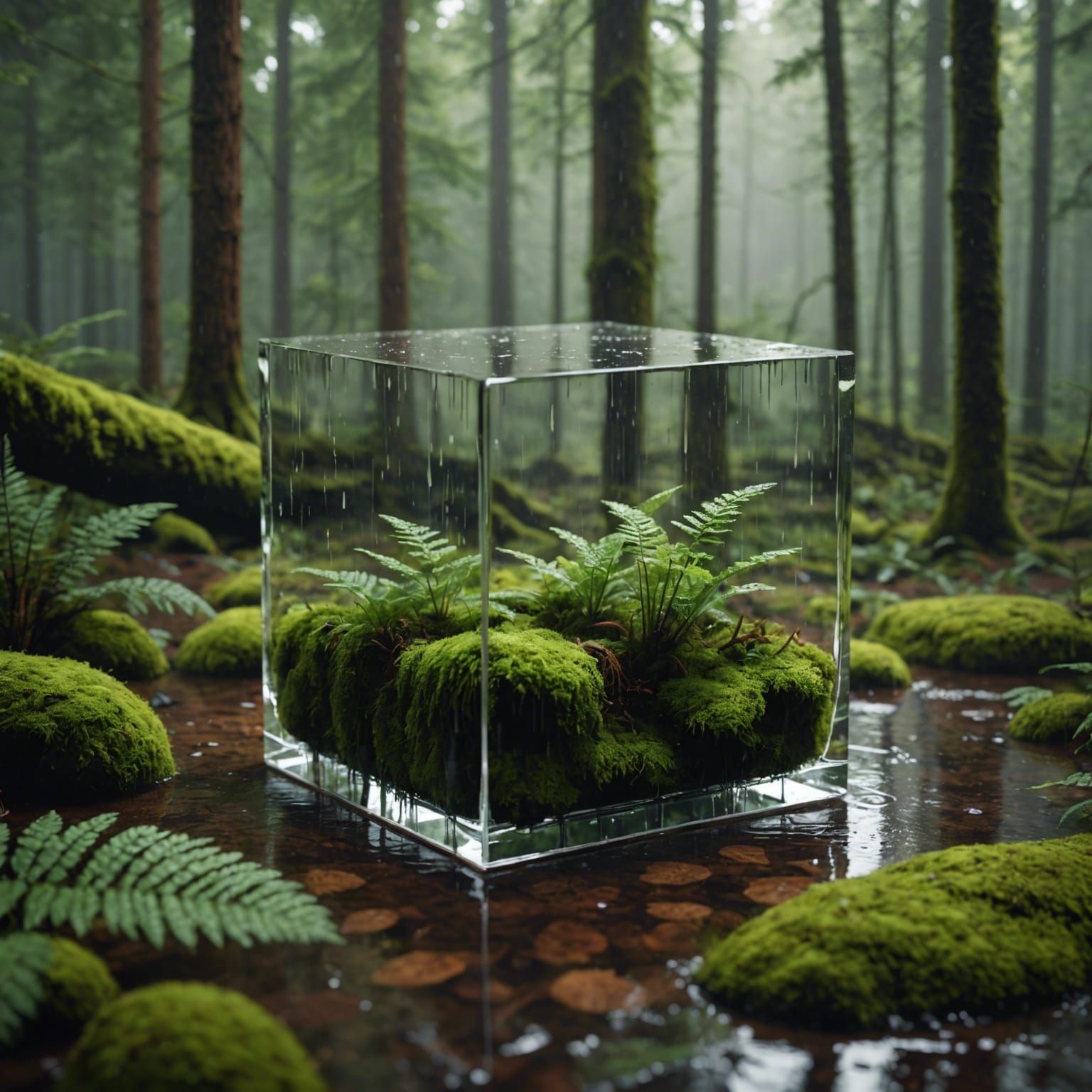 Glass Cube in Rainy Forest: Photorealistic Render