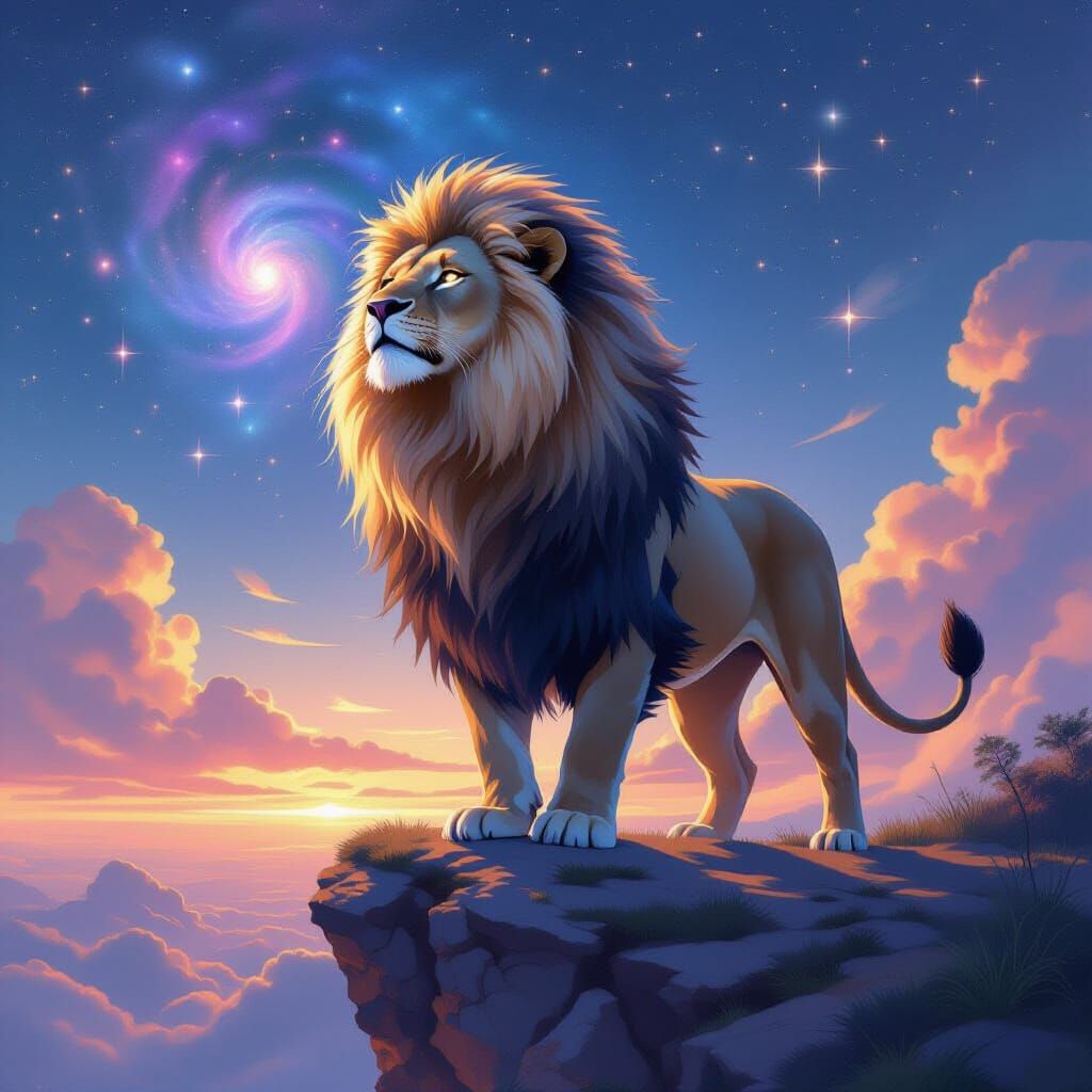 Cosmic Lion Roaring Over Nebula Cliff, Painterly Style