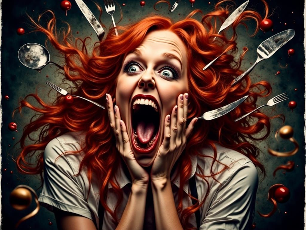 Flabbergasted Woman in Chaotic Kitchen, Caricature Style