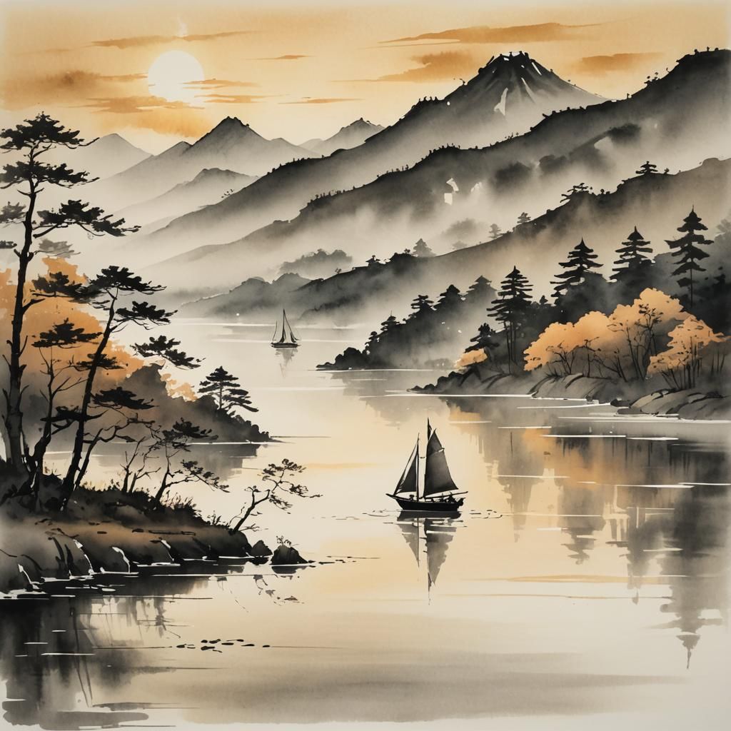 Sunset Sailboat: Sumi-e Ink Painting