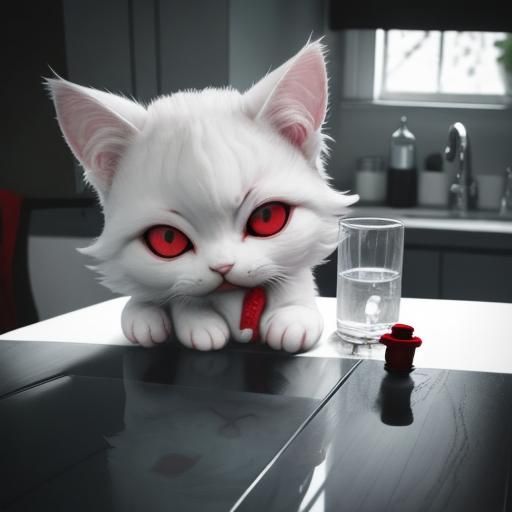 Chibi Psychopathic Cat on Kitchen Table