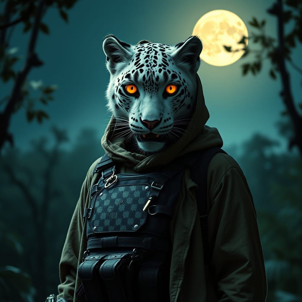 Snow Leopard Vampire Soldier in Amazonian Forest