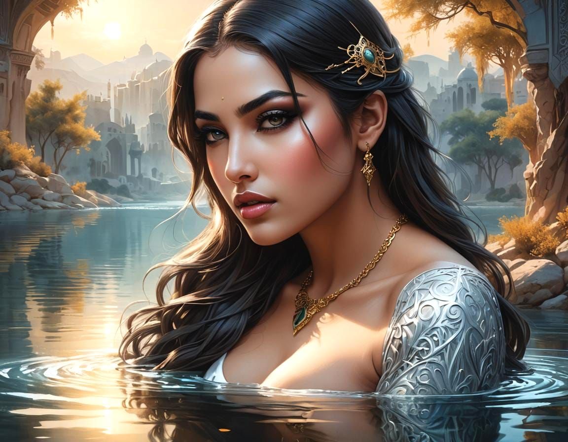 Pretty young woman bathing in the river.