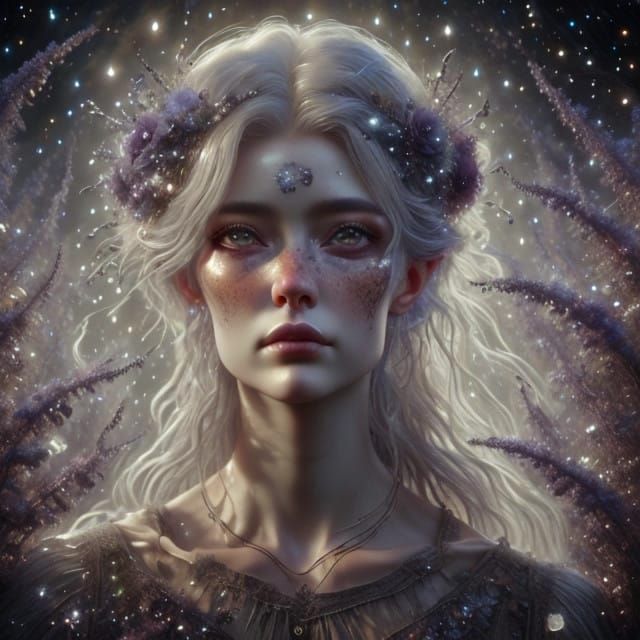 Ethereal Starlit Portrait of an Elderly Woman in a Black Cos...