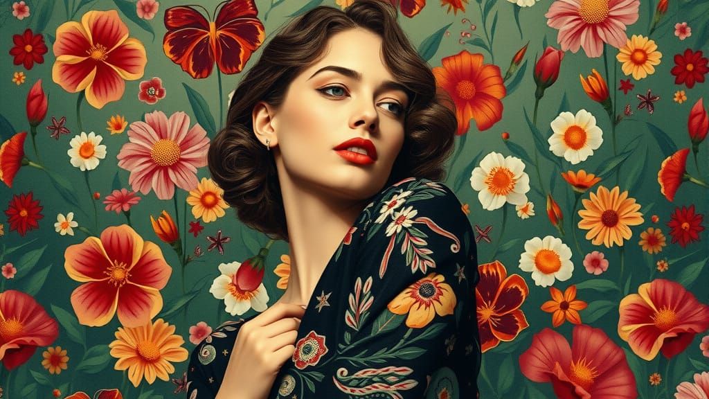 Hyperrealistic Woman in Elegant Floral Setting