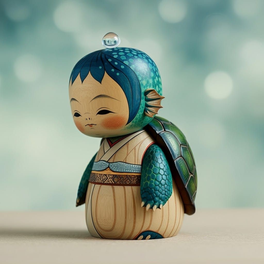 Antique Wooden Kappa Doll in Anime Style