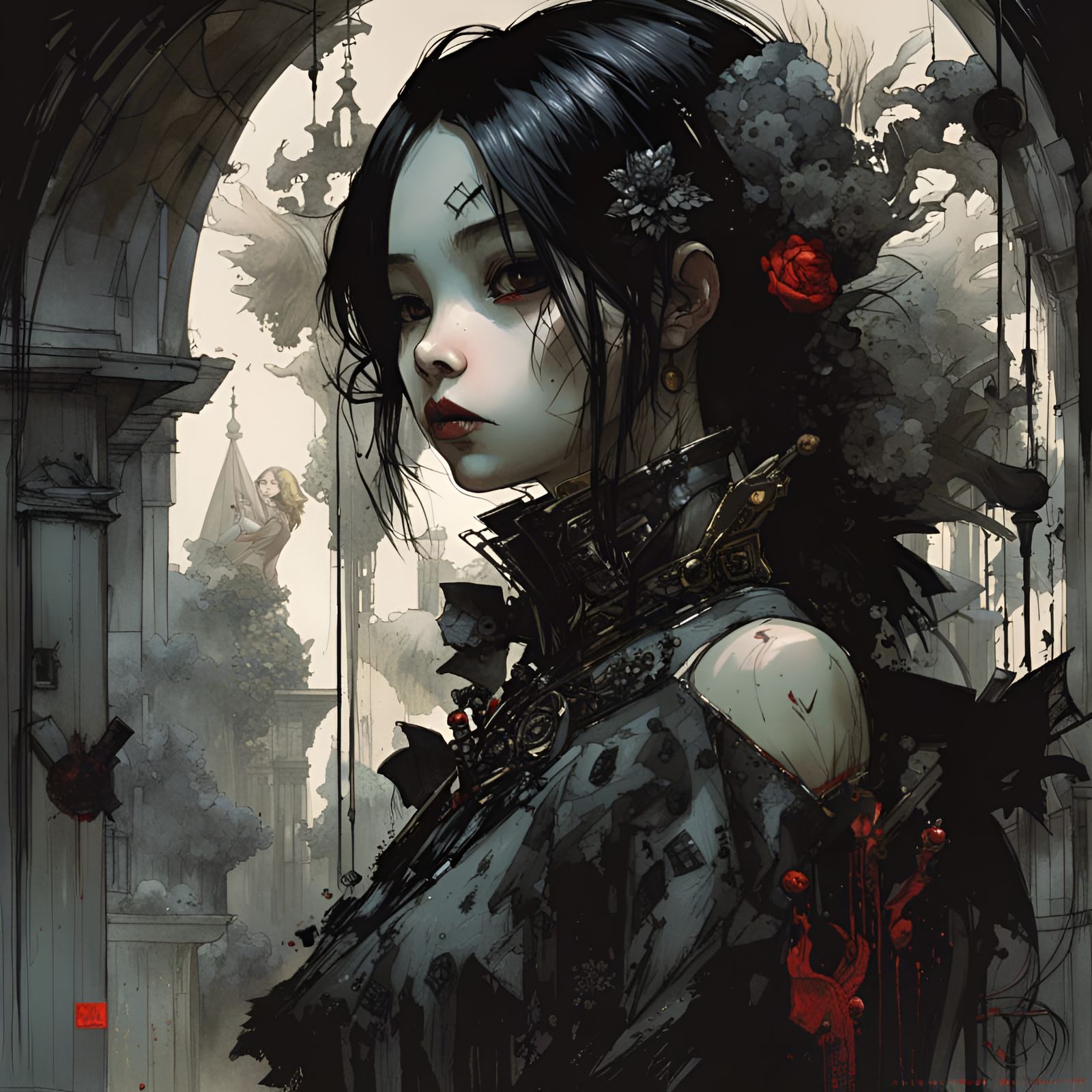 Gothic Vampire Girl Portrait in Hyperrealistic Style