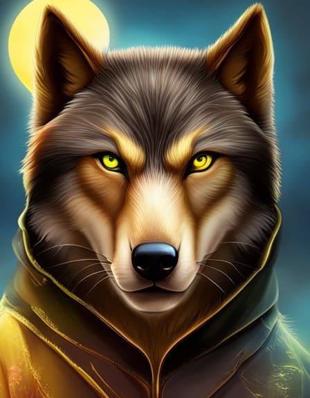 Wolf in Hoodie Portrait with Full Moon, Digital Art