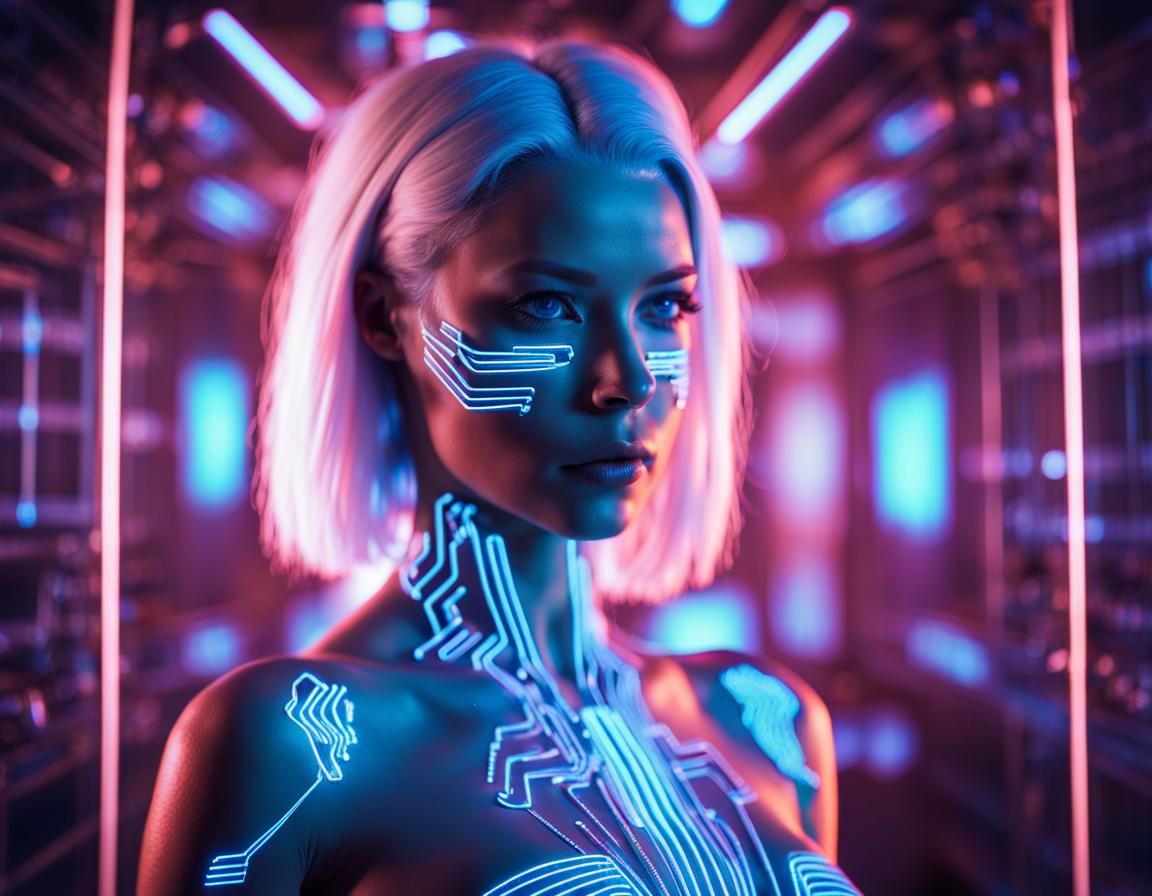 Hologram Woman with Blue Light and Circuits