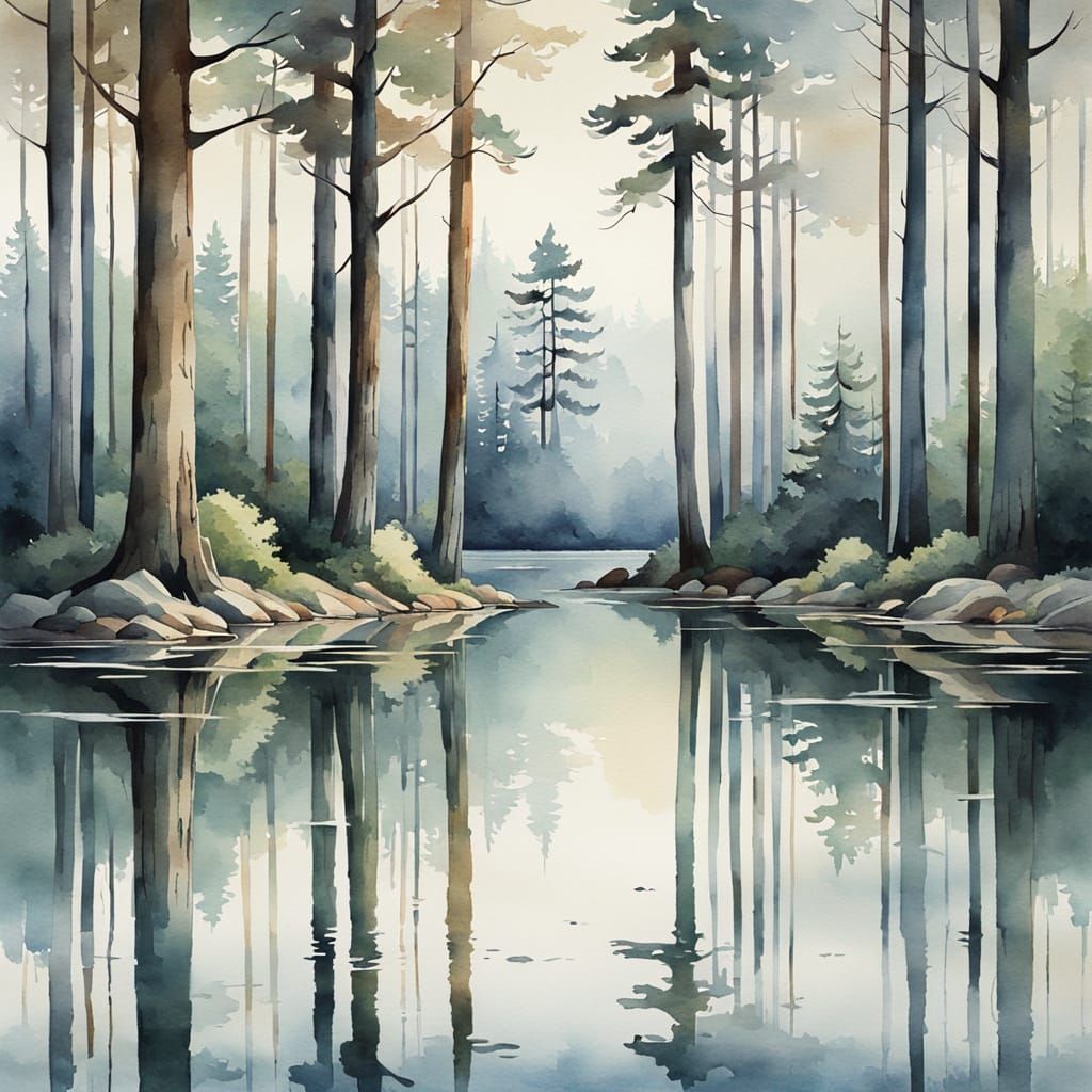 Serene Forest Reflected: Antique Watercolor Scene