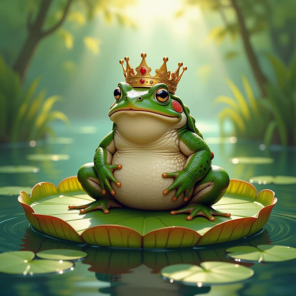 Toad King on Lily Pad in Whimsical Storybook Style