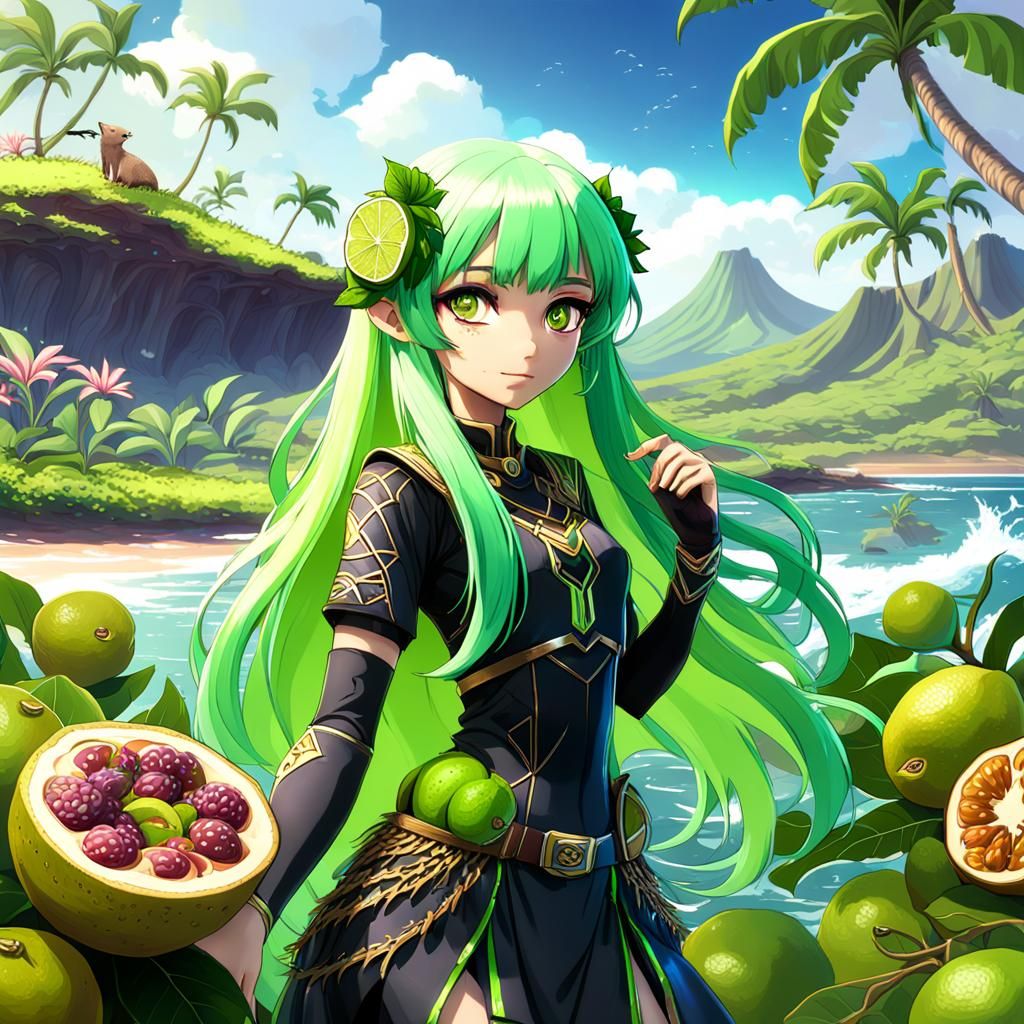 Anime Girl in Hawaii with Passion Fruit, Digital Art