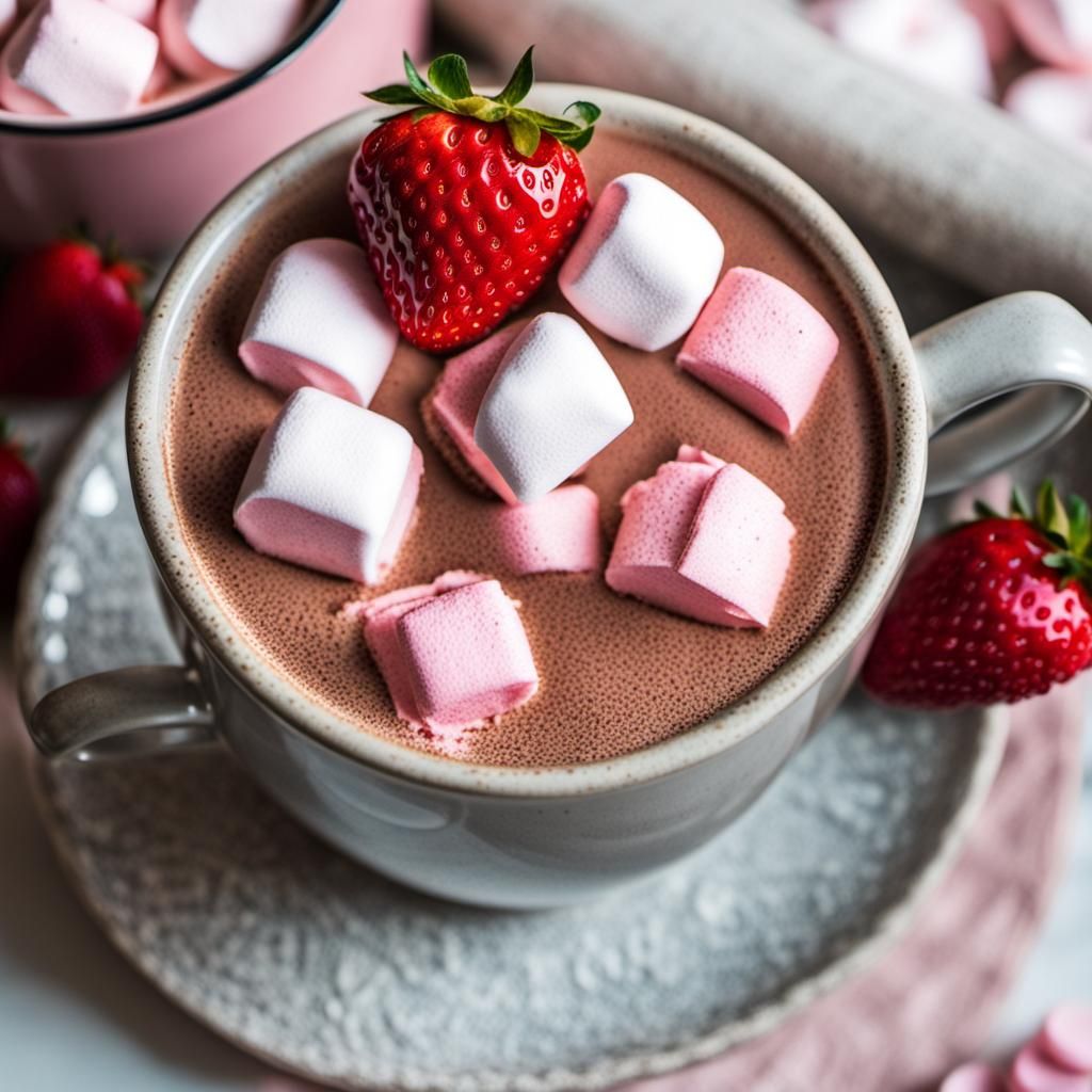 Hot Chocolate with Strawberries and Pink Marshmallows