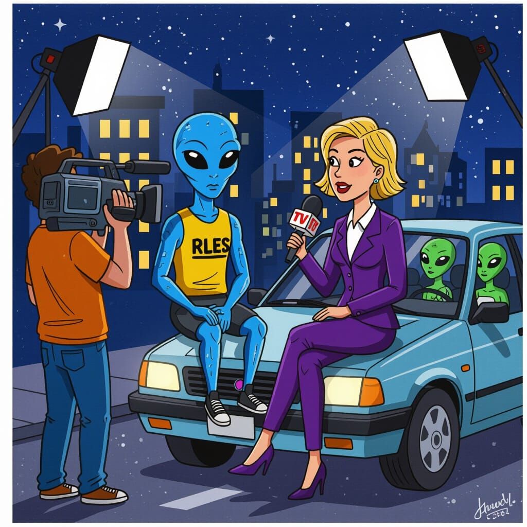 Cartoon News Report: Reporter Interviews Blue Alien