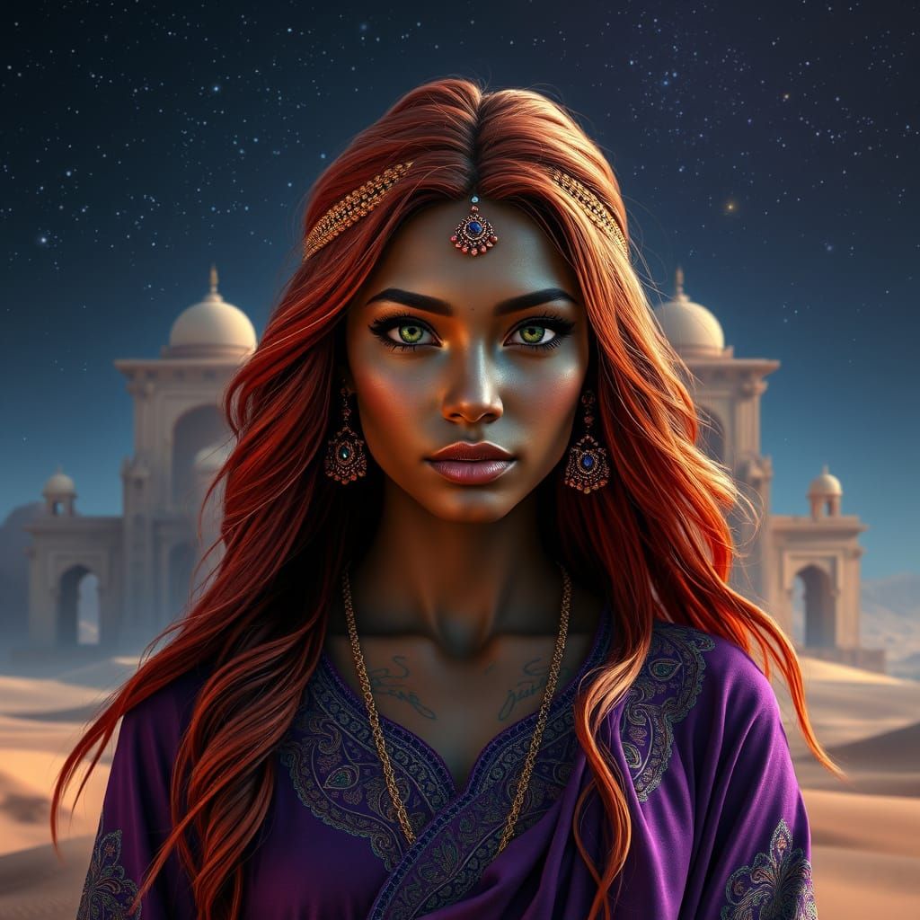 Ethereal Woman in Desert Temple, Digital Art