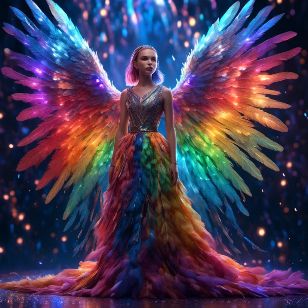 Happy Girl with Rainbow Hair and Galaxy Wings