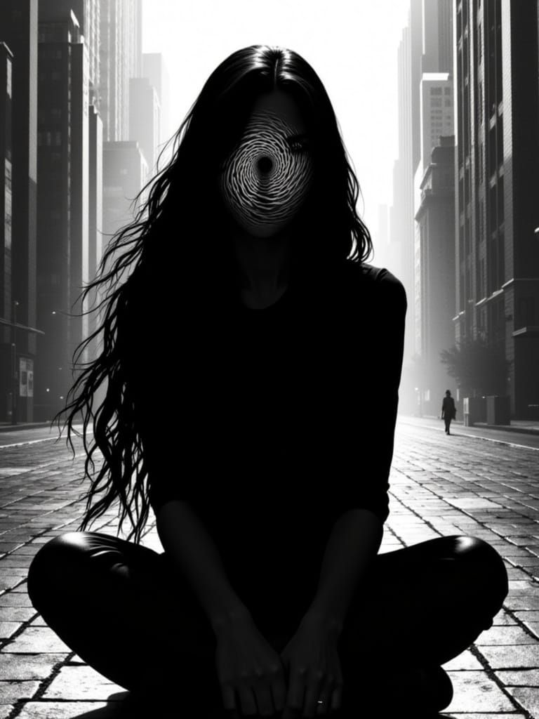 Woman with Vortex Face in Wierdcore City, Realistic Silhouet...