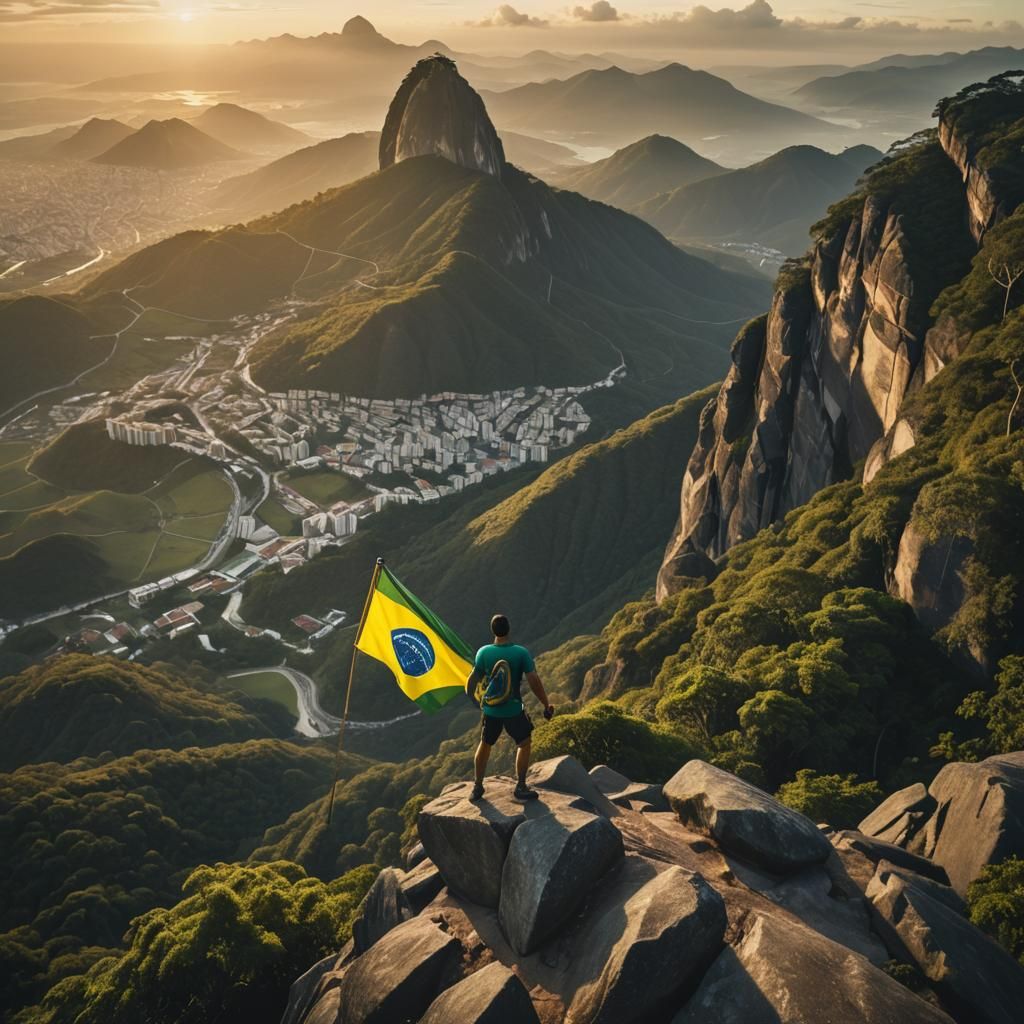 Athlete Climbs Mountain with Brazil Flag at Sunrise