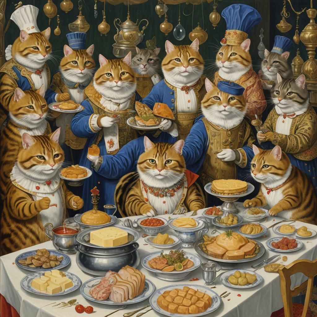 Tabby Cat King's Meal, Illuminated Manuscript Style