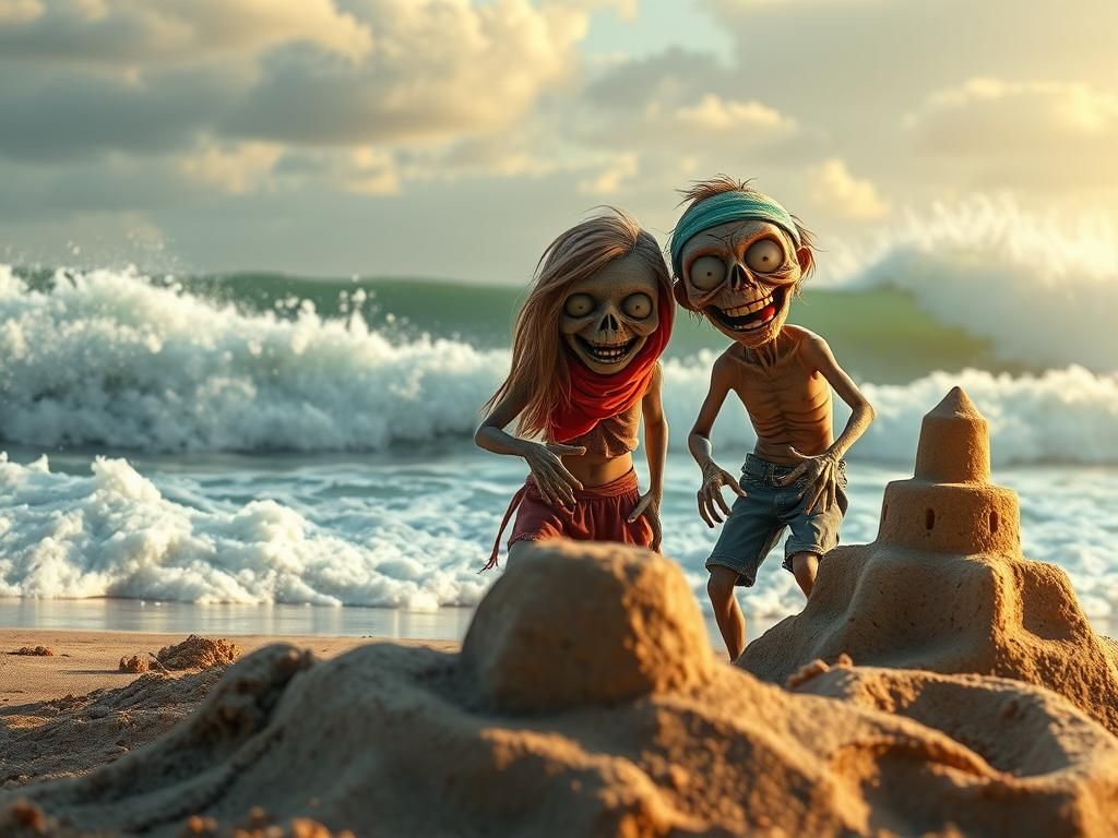 Happy Zombie Family on Beach in Hyperdetailed Photorealism