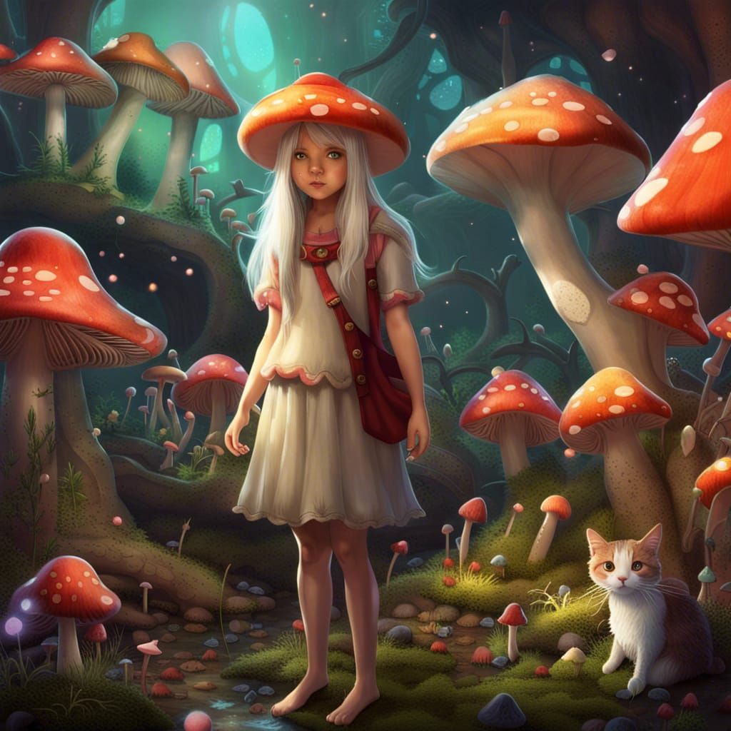 Ethereal Elf Girl in Luminous Mushroom Garden