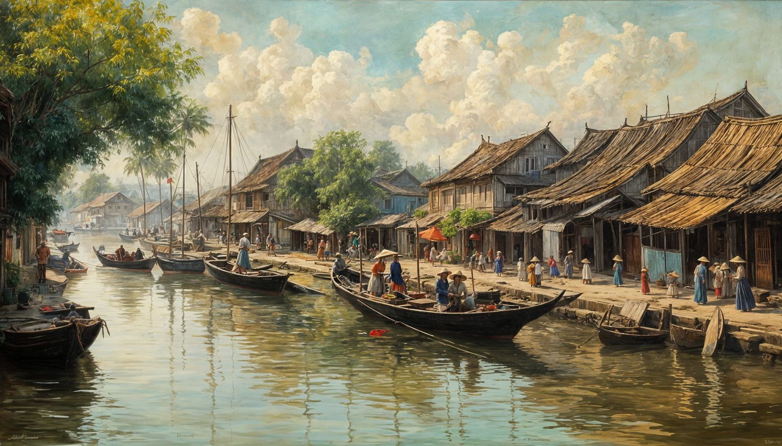 Hoi An Harbour Scene: Colonial Indochina Oil Painting