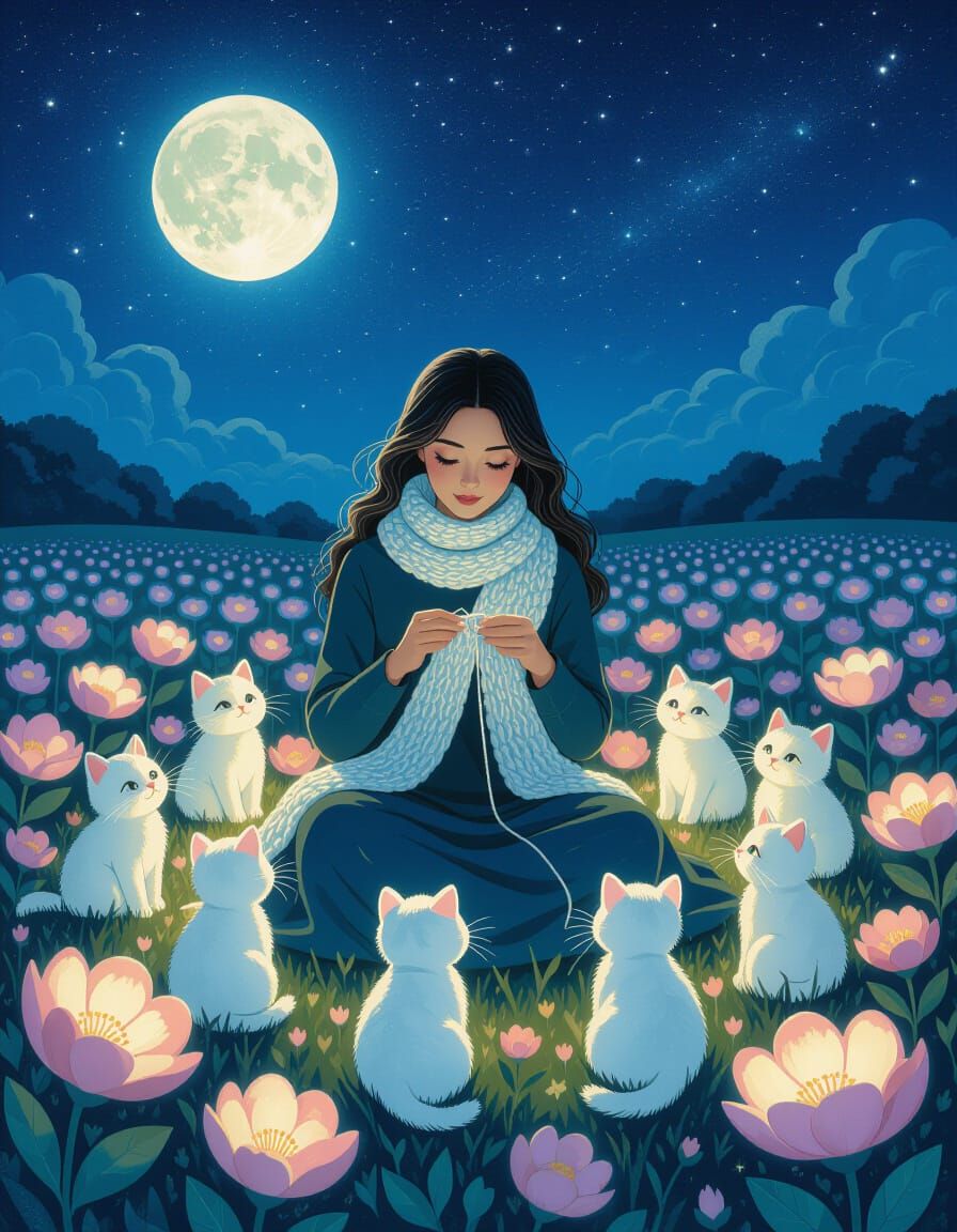 Magical Realism Scene: Woman Knits Moonlight Scarf with Glow...