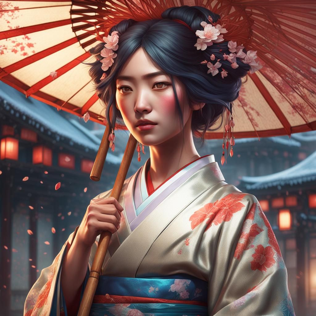 Detailed Portrait of Japanese Woman in Art Nouveau Style