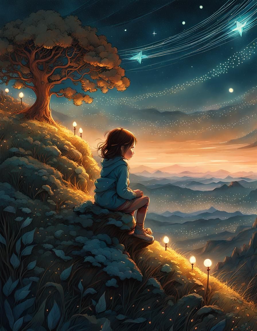 Girl Gazing at Twinkling Stars: Digital Art