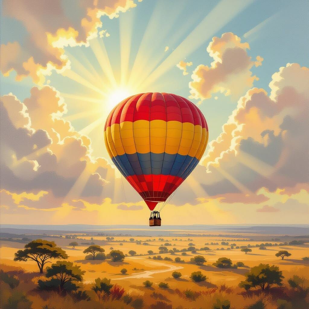Hot Air Balloon Over African Savannah in Oil Painting Style