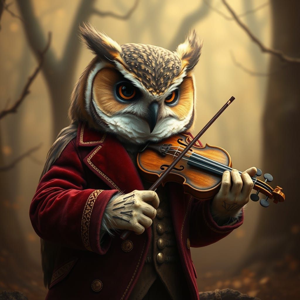 Mini Owl Plays Violin in Whimsical Medieval Forest Scene