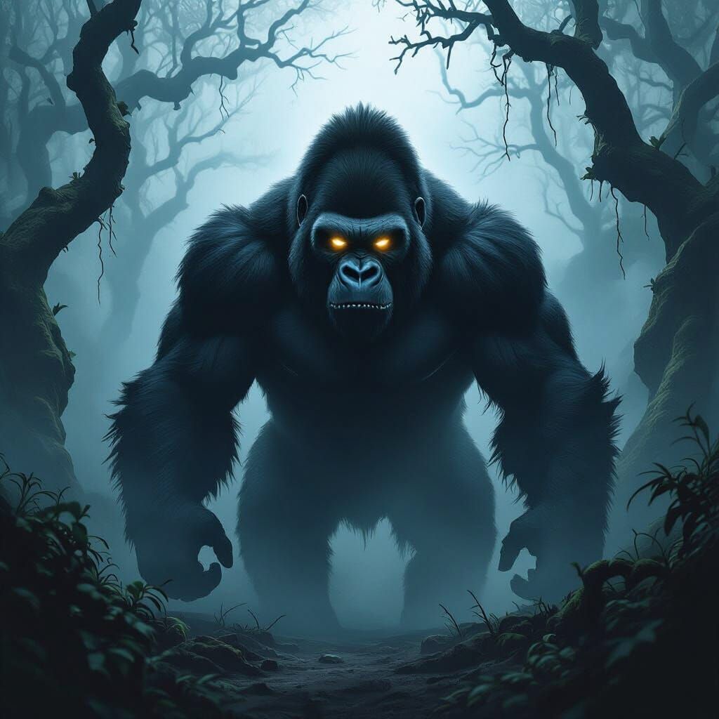 Menacing Gorilla in Foggy Forest, Dark Fantasy Art