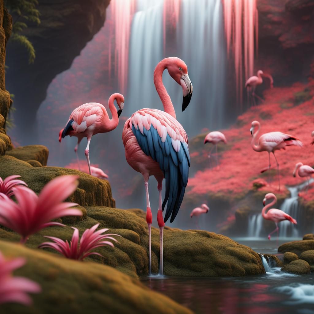 Lone Flamingo by Waterfall: Fantasy Concept Art
