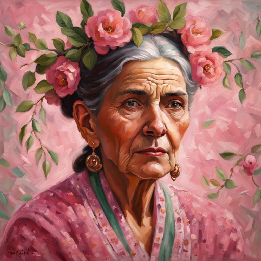 Elderly Mexican Woman Portrait in Hyperrealistic Oil Paintin...