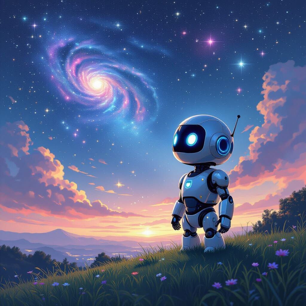 Adorable Robot Gazing at Starry Night Sky