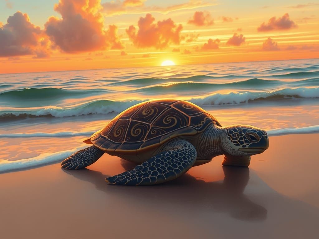 Serene Sunset Sea Turtle on Wet Sand