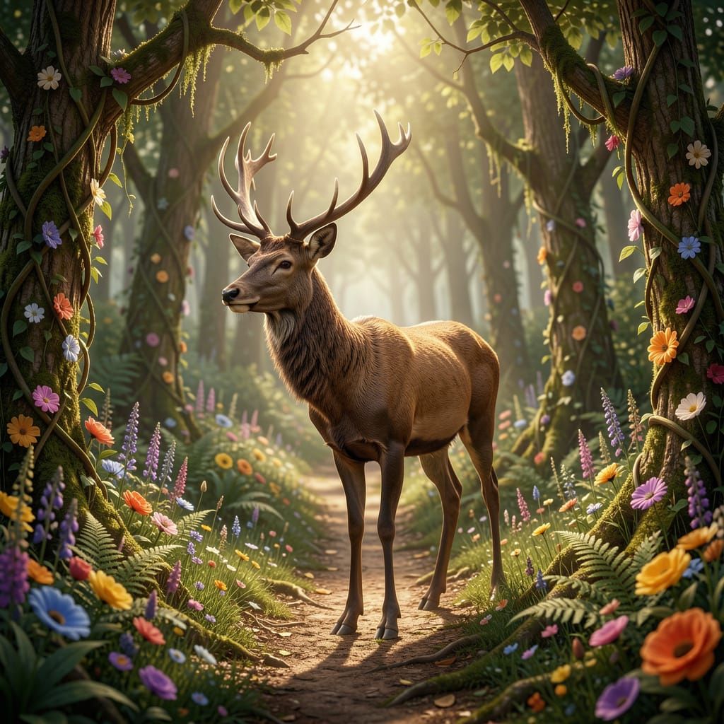 Calm Stag on Forest Path in Epic Cinematic Style