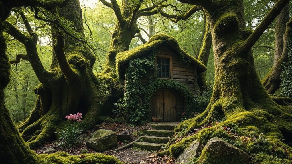 Whimsical Mossy Glade with Ancient Cabin