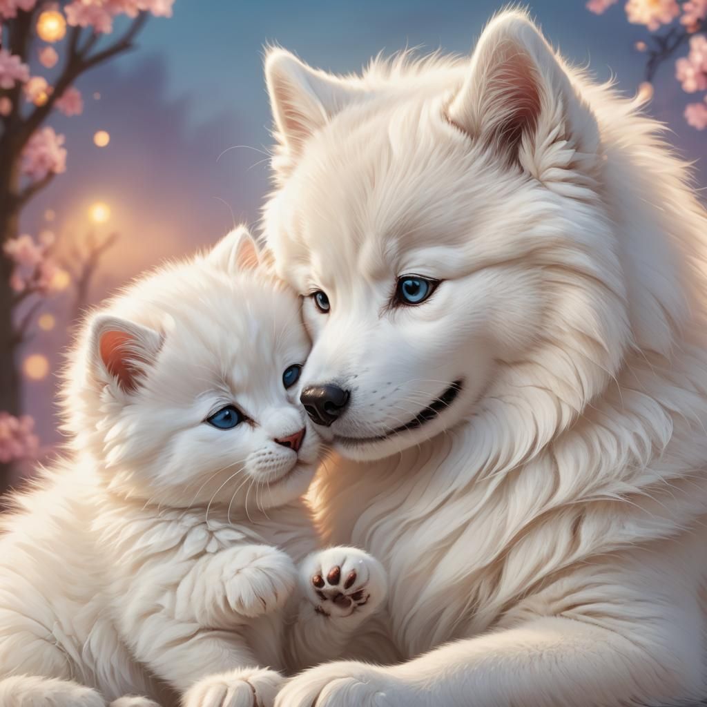 Kitten Calms Samoyed in Digital Cartoon Illustration