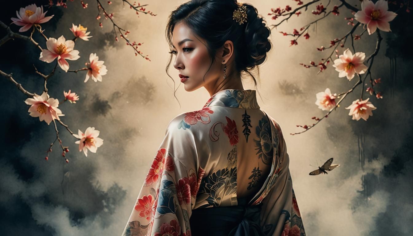 Woman with Tattoos in Double Exposure Watercolor Photograph