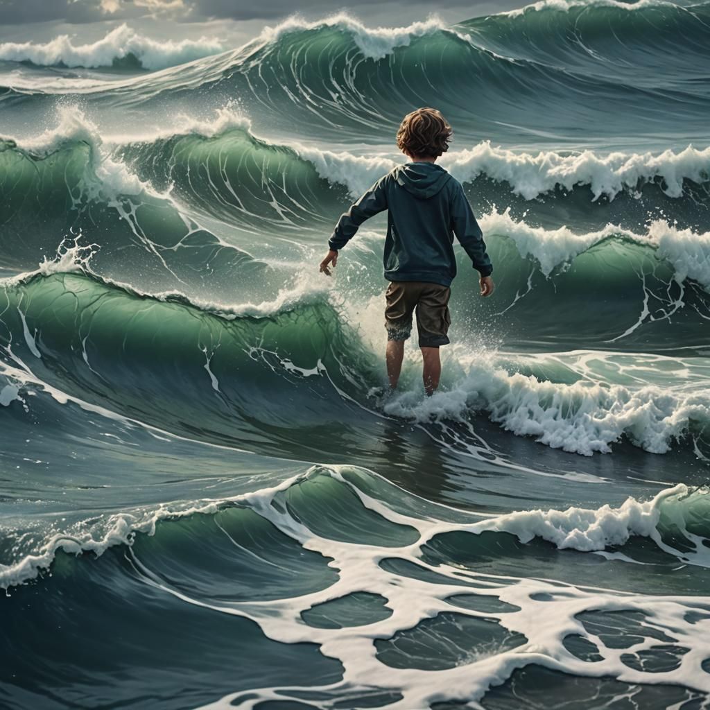 Boy Reaches into Blue Algae Ocean: Digital Painting